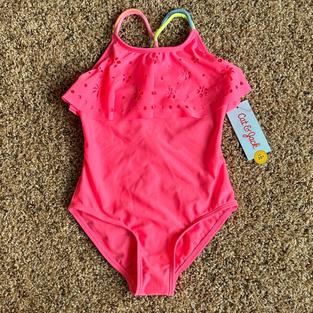 Cat & Jack Neon Pink Palm Tree One Piece Swimsuit with Ruffle Size XS 4/5